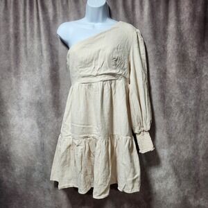 Girl and the Sun Cream One Shoulder Linen Blend Tiered Mini Dress Womens Medium